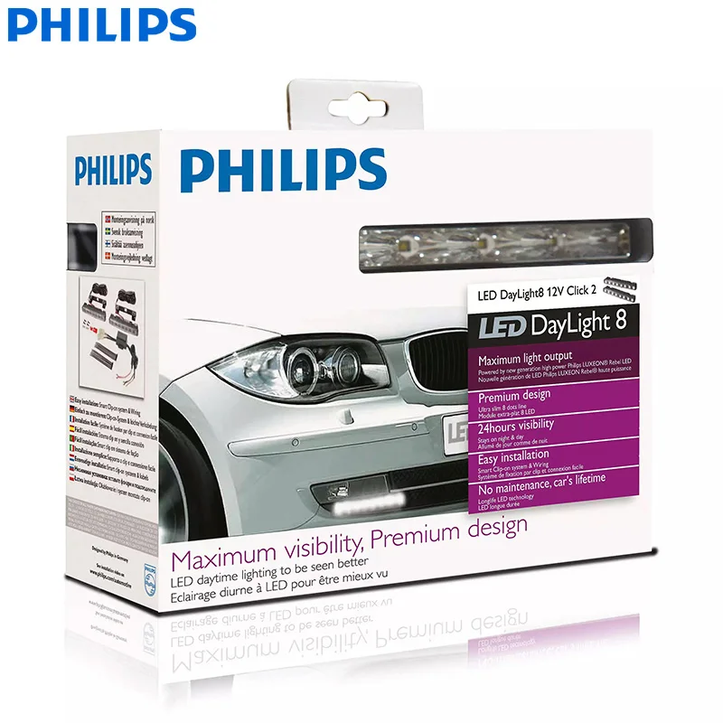 Philips DayLight 8 LED, Luces de Circulación Diurna, 12V, Click 2, 6000K, Blanco Frío, DRL, Kit de LED LUXEON, Ajuste Universal, 12824WLEDX1