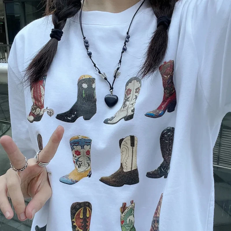 Boot Western T-shirt Women's Summer Loose Vintage Bohemian Texas T-shirt Cowboy Cute Pattern T-shirt Hippie Vintage T-shirt