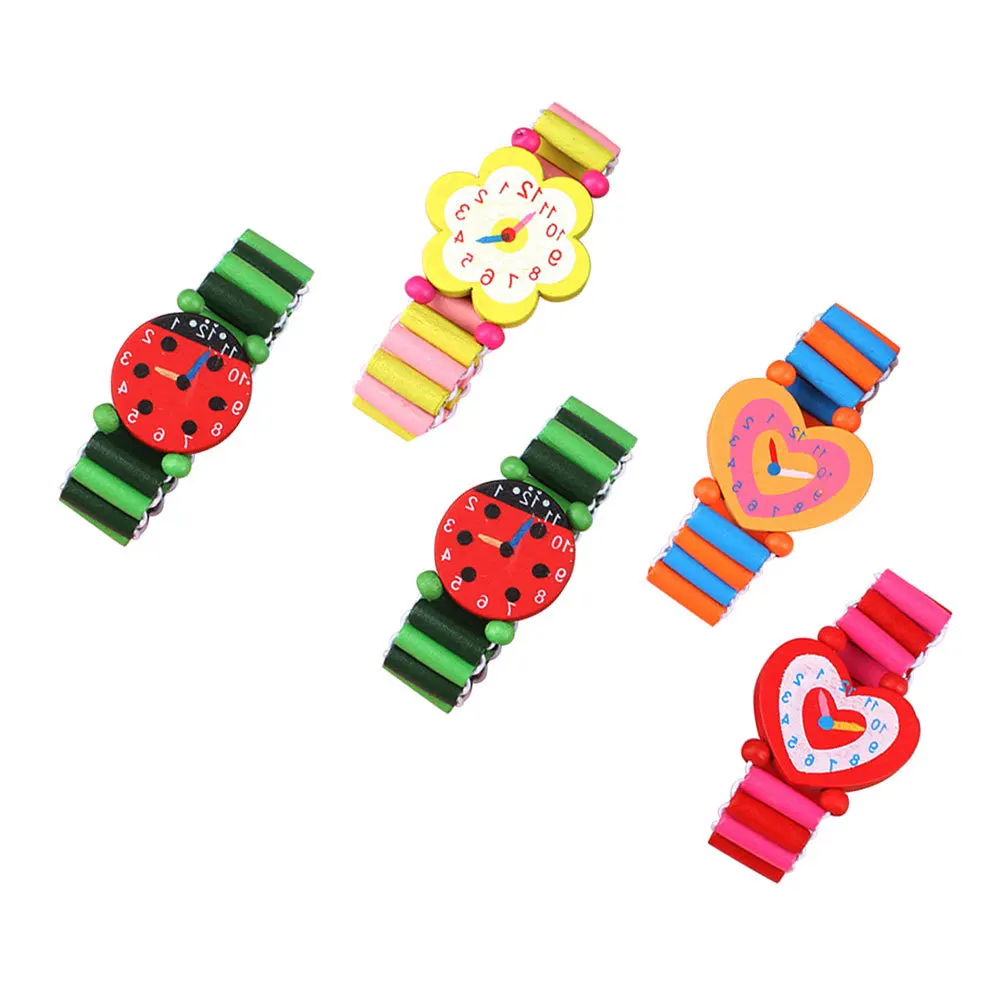 5 قطع من الساعات الخشبية الكرتونية الإبداعية للأطفال، ألعاب تعليمية، سوار ساعة صناعي مزخرف #3