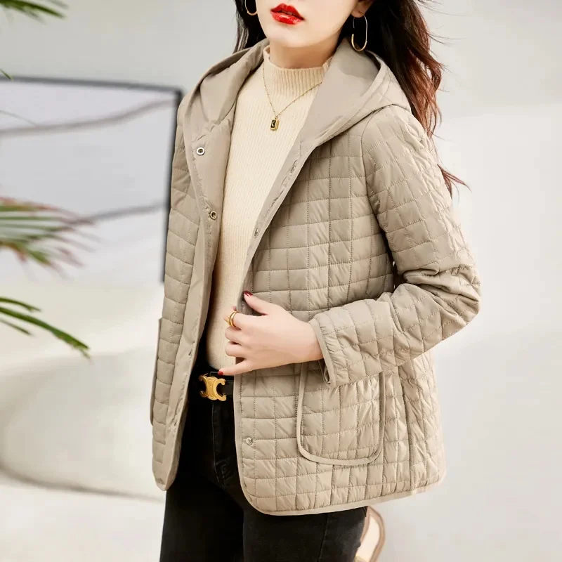 New Fashion Diamond Plaid Shaped Lightweight Short Cotton Jacket 2024 hooded Jackets Women Autumn Winter Casual Cotton Coat