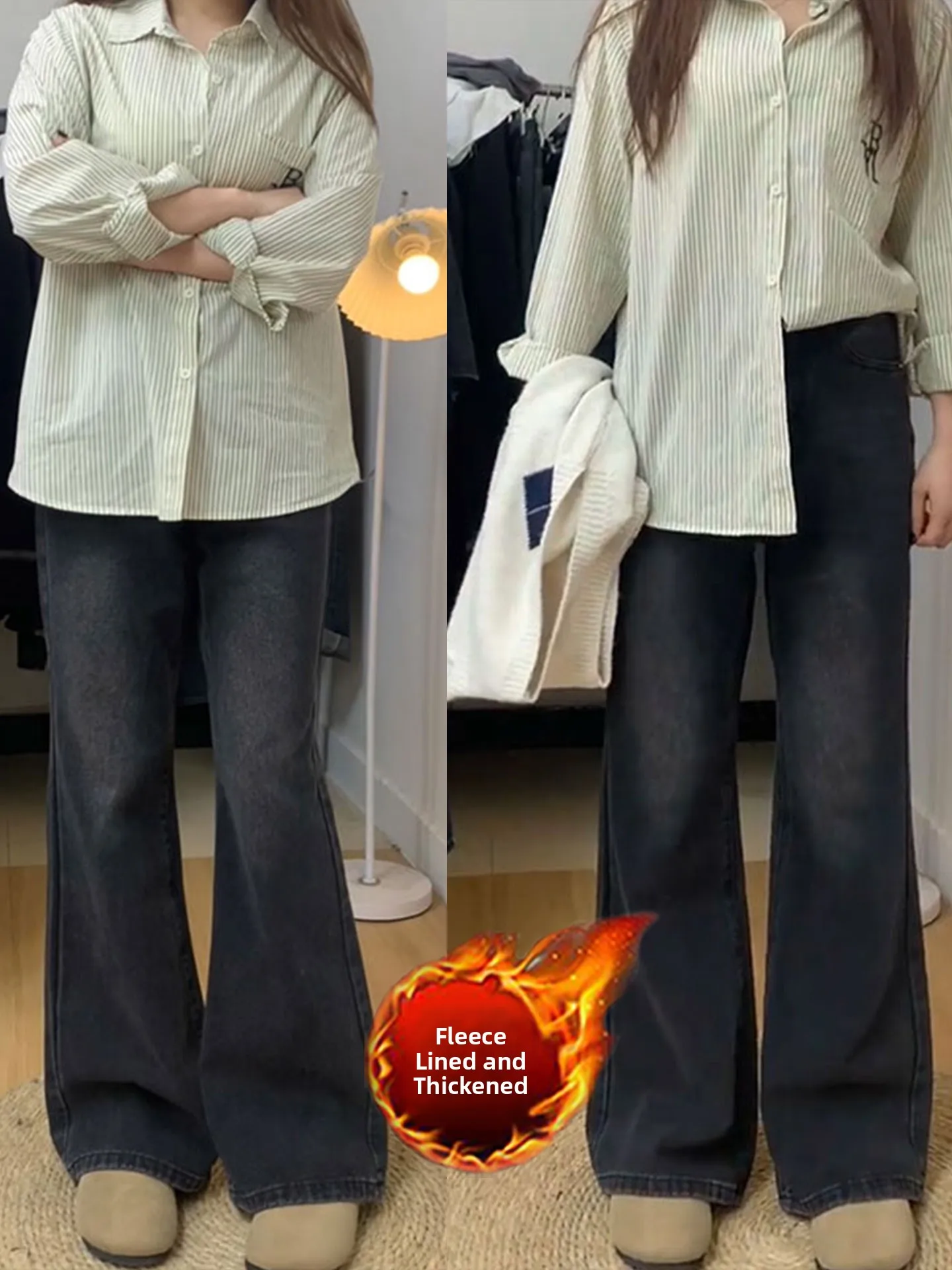 

Американские утепленные джинсы с флисовой подкладкой для женщин, осенне-зимние, с высокой талией, расклешенные, повседневные, износостойкие, из денима