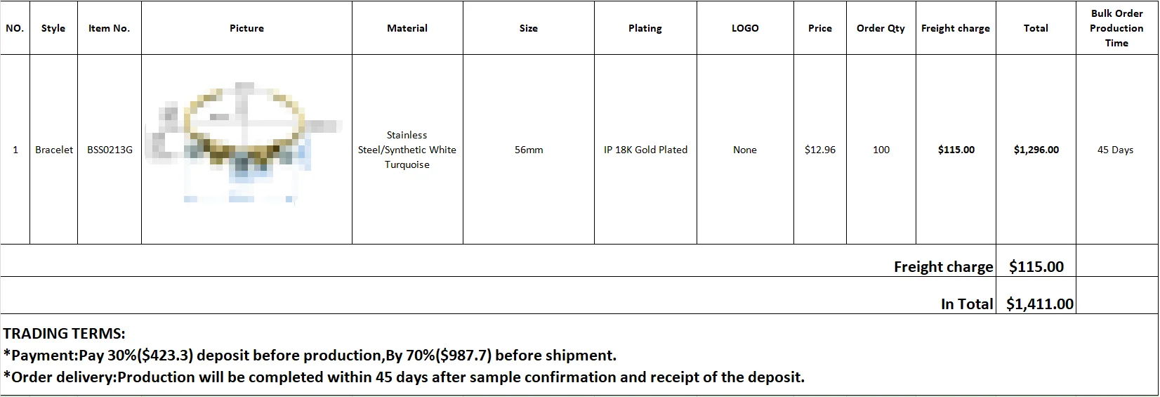 

Prepayment 30% Custom Order Item for Bracelet