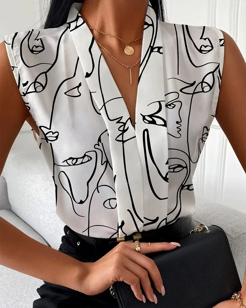 Summer Women\'s Lady Print Sleeveless V-neck Elegant Women Blouse Top Streetwear Female Clothing