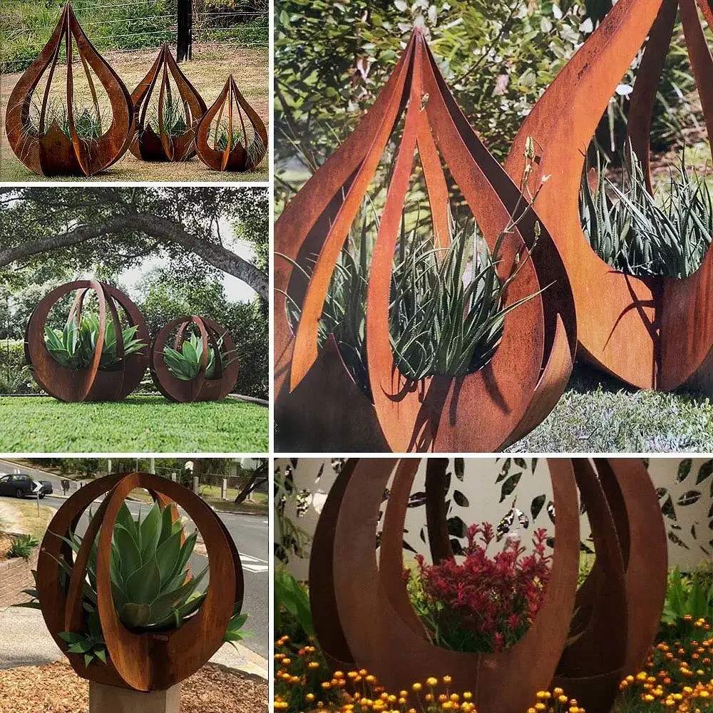 Outdoor Big Size Garden Pot, Corten Steel Marble Flowerpot Rust-like Modular Planter Box