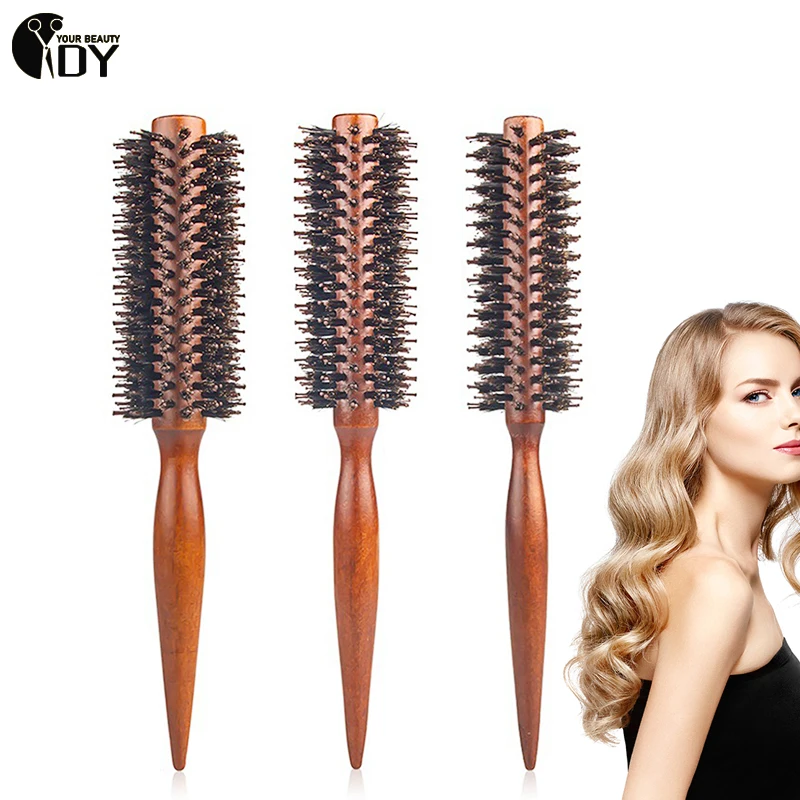 3 Sizes Anti Static Wood Boar Bristle Hair Round Brush Hairdresser Styling Tools Round Barrel Blowing Curling DIY Styling Tool