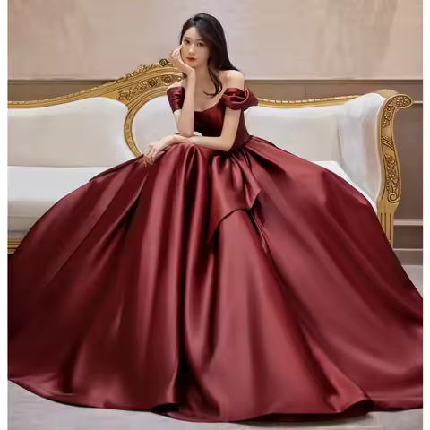 Bridal Toast Dress Spring/Summer 2026 New One Shoulder High End, Niche Temperament, Wine Red Satin Engagement Evening Dress