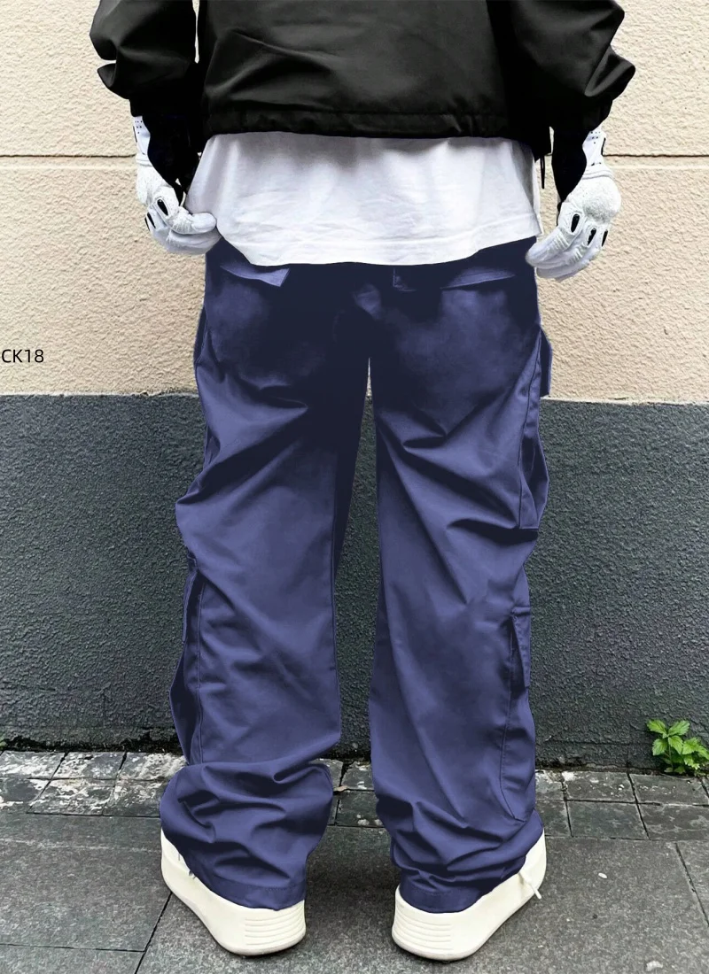 

Men's multi pocket loose workwear casual pants, fashionable and versatile wide leg drawstring elastic waist pants