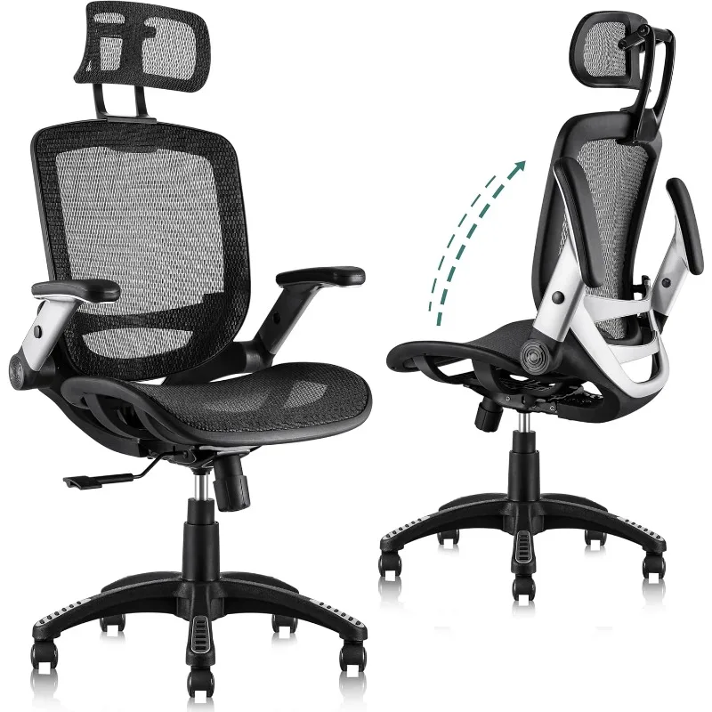 Ergonomic Office Chair, High Back Home Desk Chair with Headrest, Flip-Up Arms, 90-120° Tilt Lock and Wide Cushion, Big and Tall