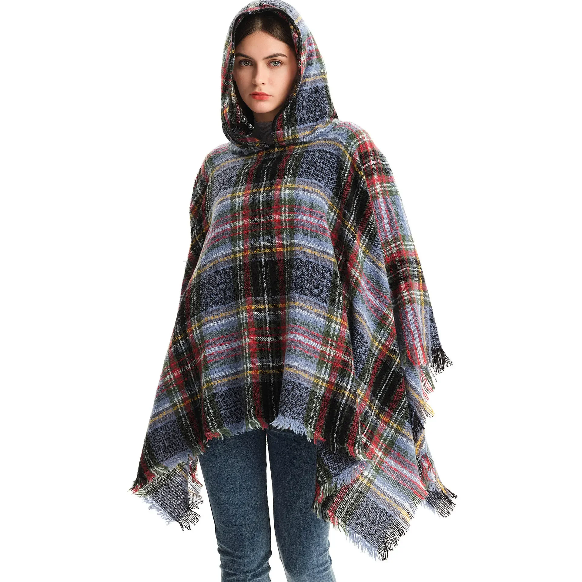 Fashion Ladies Hooded Plaid Cape Square Sweater Thicken Winter Shawl Wraps Blanket Scarf Coat Ponchos for Women