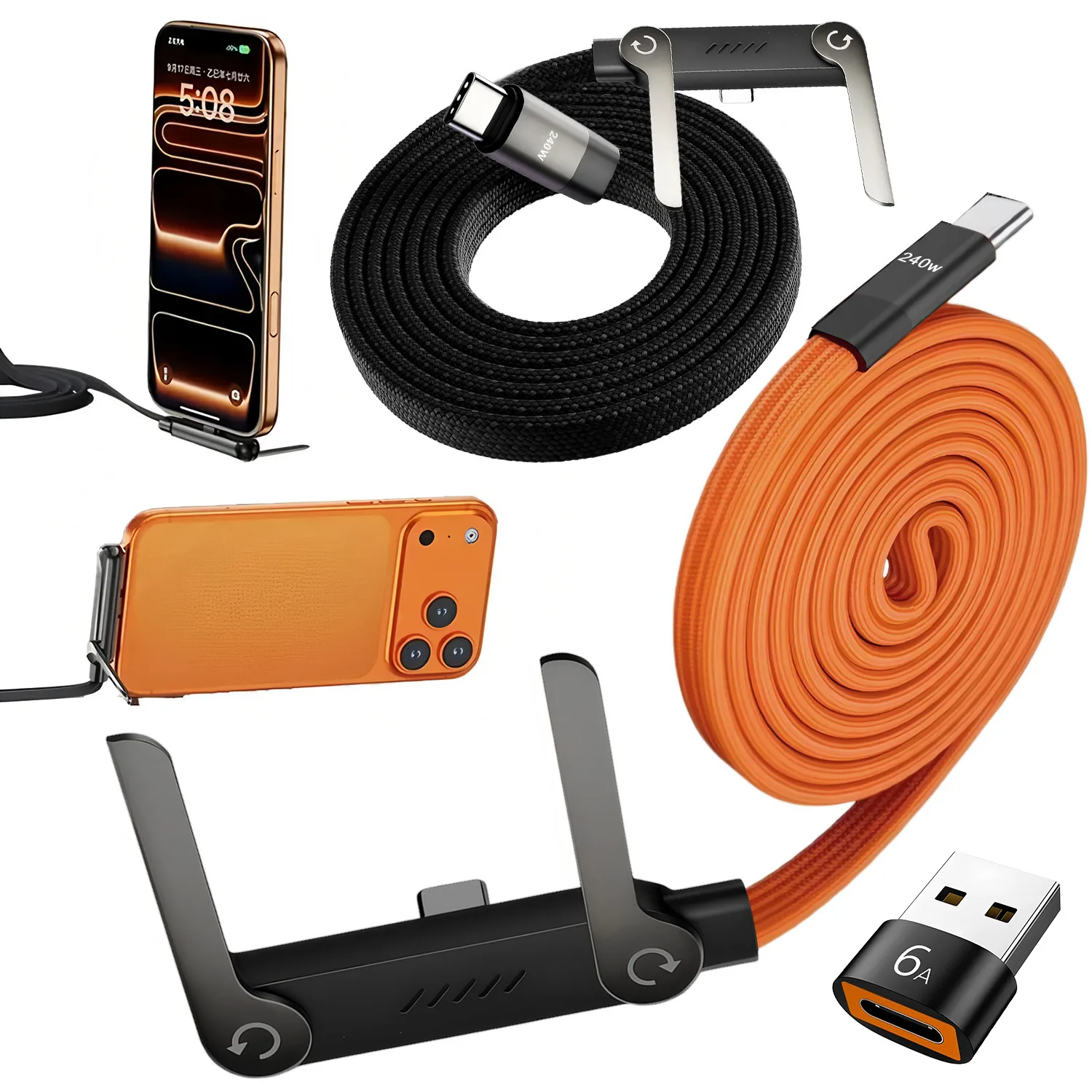 240W 2-in-1 Fast Charging Foldable Bracket Data Cable Type-C to Type-C USB to Type-C Data Wire with OTG Phone Stand image 6