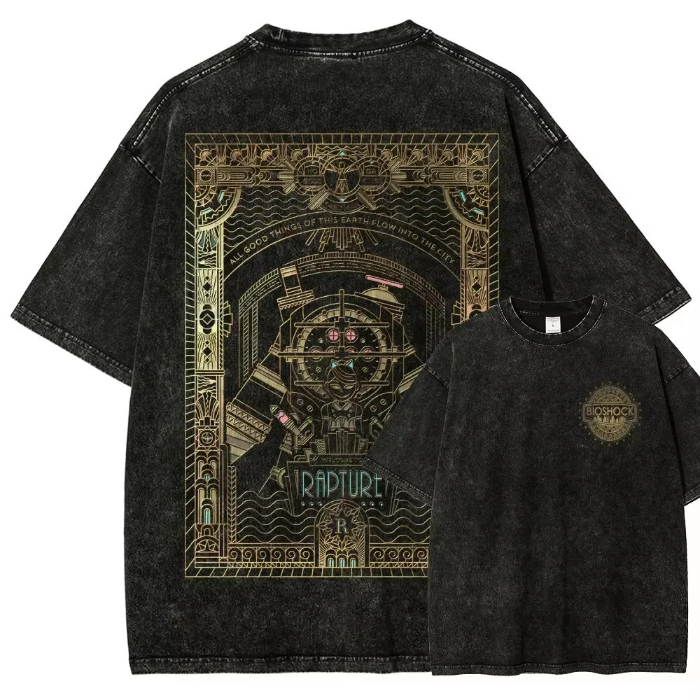Klassisches Retro-Shooter-Spiel Bioshock Grafik-Print T-Shirt für Männer und Frauen Neues Harajuku Übergroßes Unisex-Paar-T-Shirt im Used-Look – Detail 10