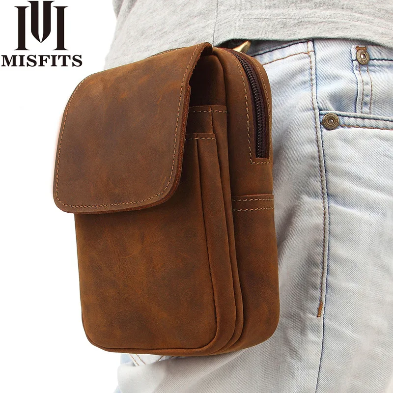 

Men's real leather waist bag crazy horse leather mobile phone storage large capacity outdoor wear belt small hanging bag
