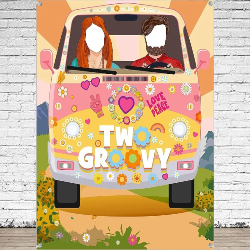 Photography Backdrop Two Groovy Party Hippie Bus Face Photo Props Hippie Background Swap Games Banner Boho Decor Poster