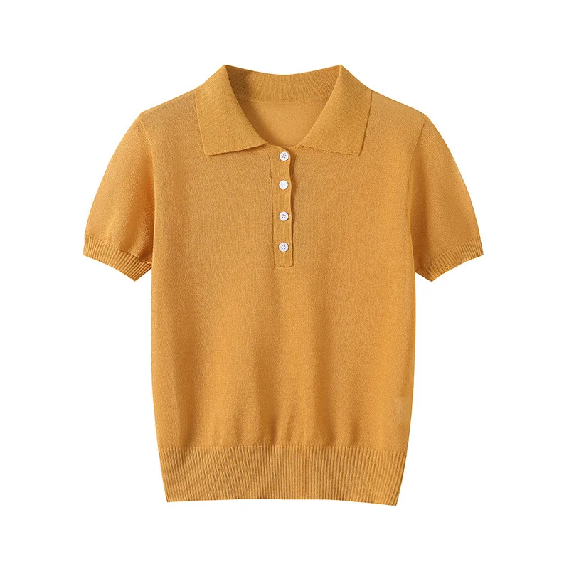 

Korejepo New Women Clothing European American Style Fashionable Simple and Versatile Knitted Short Sleeved Lapel Top