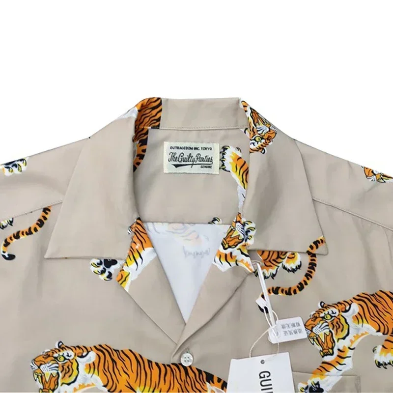 Outdoor WACKO MARIA Polyester Yellow Tiger Printing Thin Oversize Short Sleeve Black Lapel Button Breathable Men Women Shirt