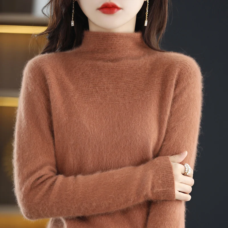 

Semi-High-Necked Bottoming Shirt Women's Autumn And Winter New Temperament With Mink Cashmere Sweater Long Sleeve Slim Solid