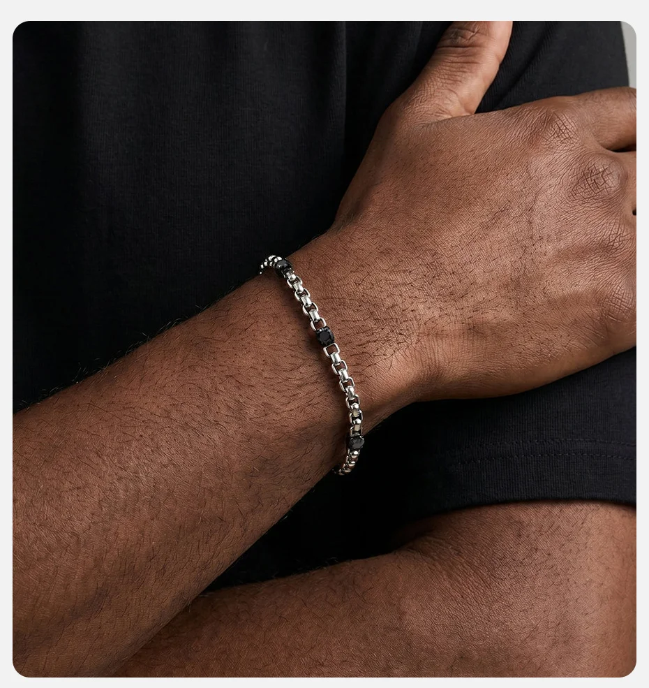 Vnox Herren-Armband aus Edelstahl mit Kastenkette, schwarzes quadratisches CZ-Gliederarmband, verstellbar, Punk-Schmuck, Geschenk für ihn, Ehemann, Freund – Detail 2