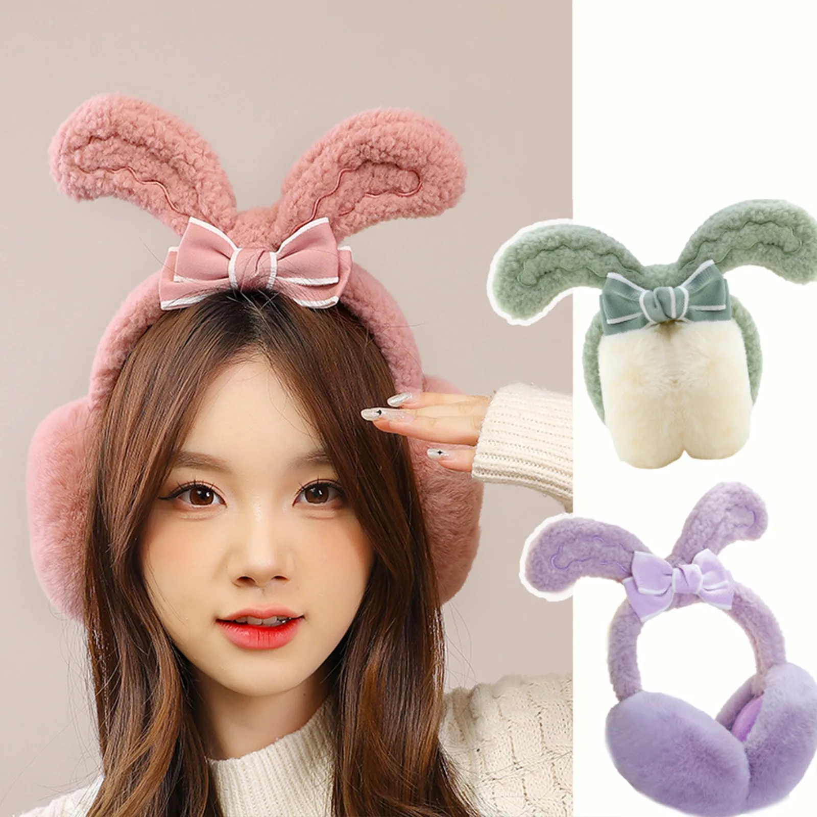 Bunny Ear Earmuffs Warm Fuzzy Rabbit Ear Muffs Womens Kwaii Princess Plush Ear Warmers Bow Lolita Girls Cold Protection 2024 new