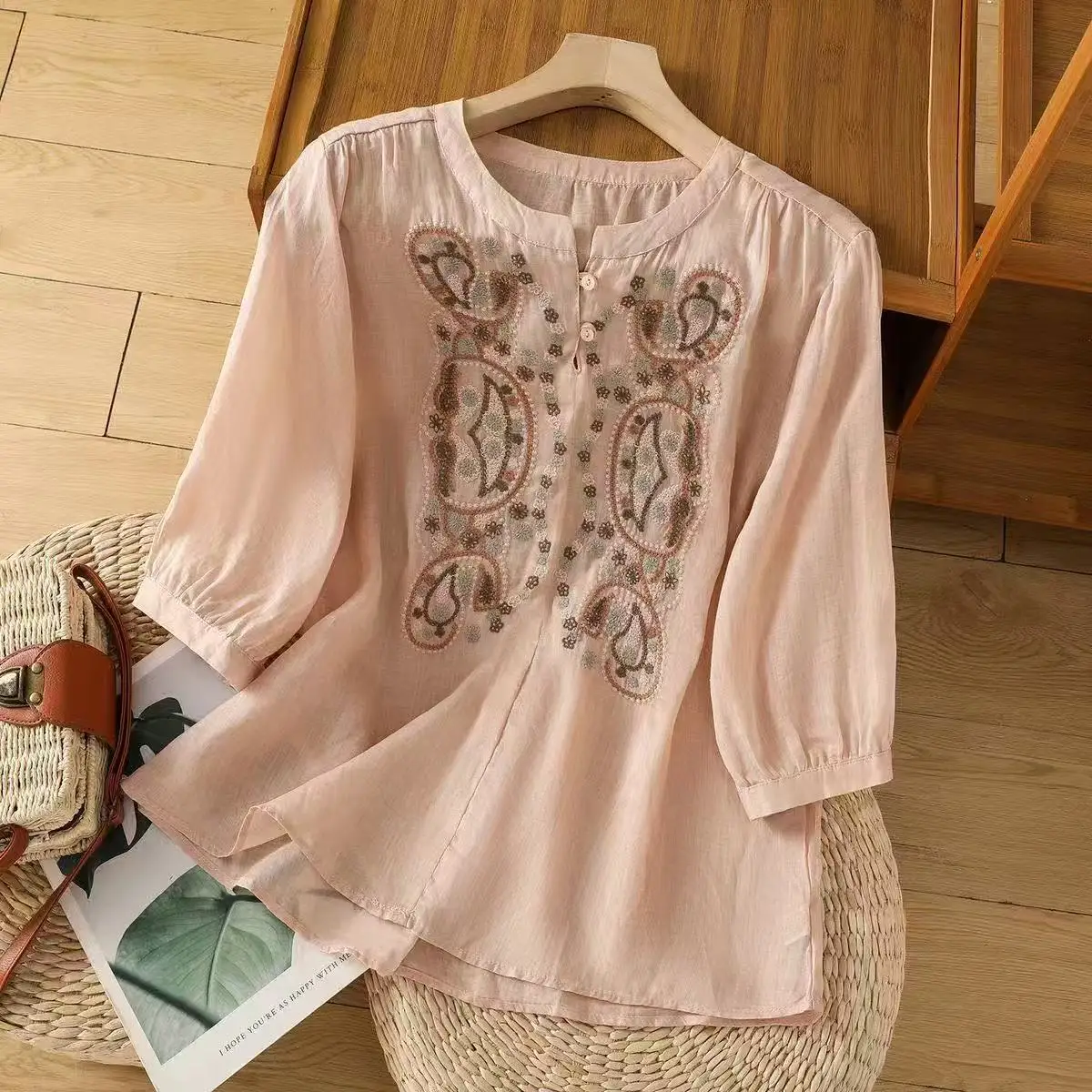 Spring Summer New Chinese Style Cotton Linen Embroidered Round Neck Shirt, Women's Plus Size Loose Cotton Half Sleeve Top
