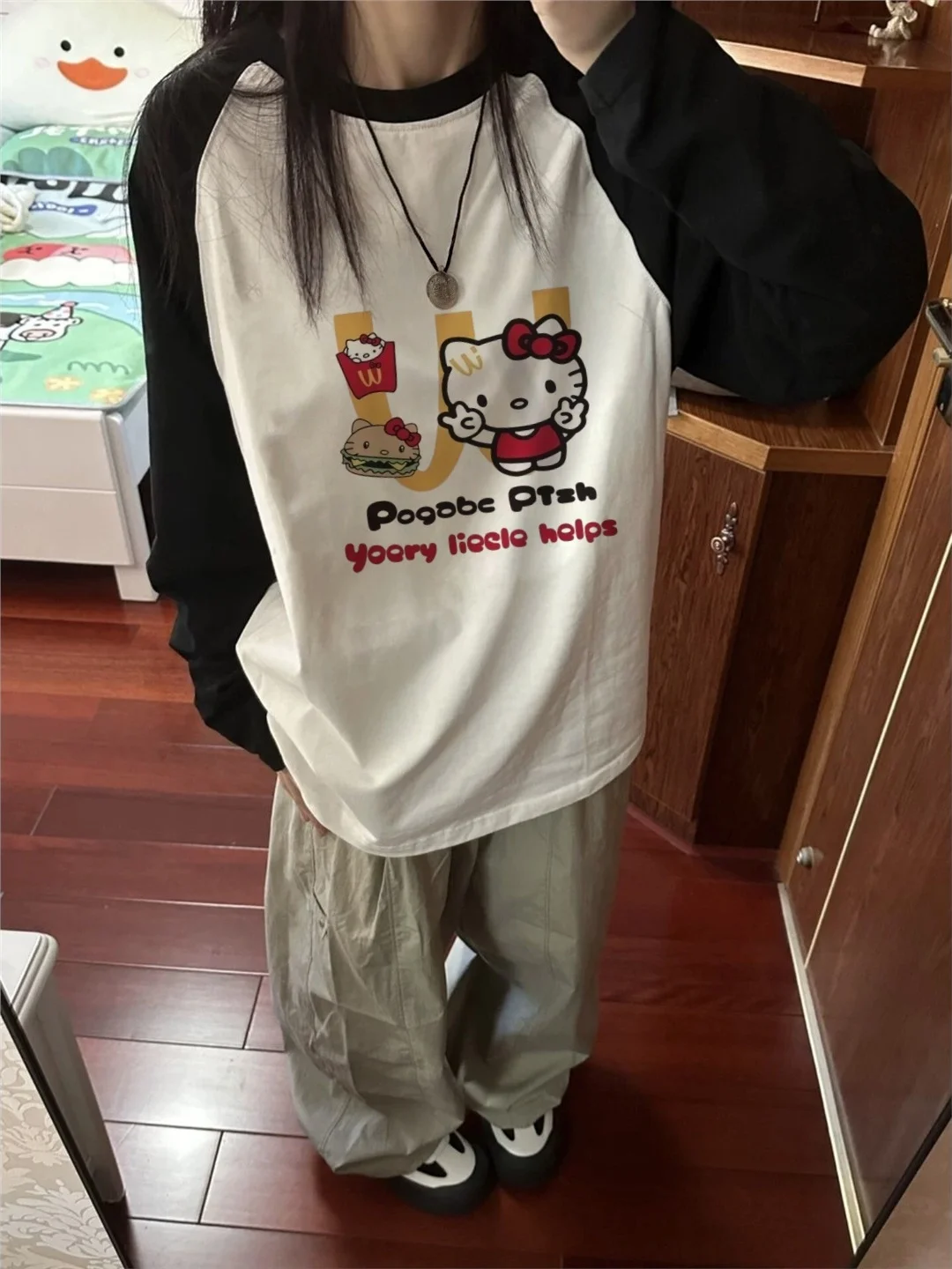 تي شيرت Retro American Kit Color Blo Long Sve من القطن الخالص للفتيات في المدرسة المتوسطة لربيع الخريف فضفاض ومريح...