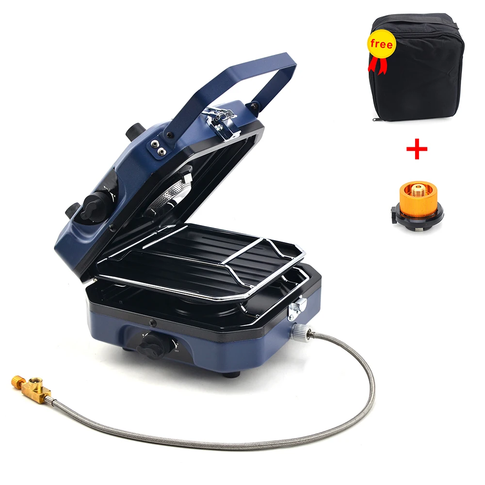 Outdoor  Dual Gas Stove BBQ  Grill  Gas Burner  with BBQ Pan Foldable  Double 2300W Power Portable  For Camping Fishing Hiking