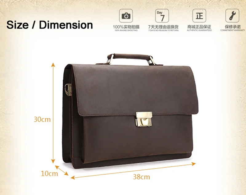 Genuine Leather Vintage men Briefcase Business bag Men laptop Bag Tote with coded lock Hand Shoulder