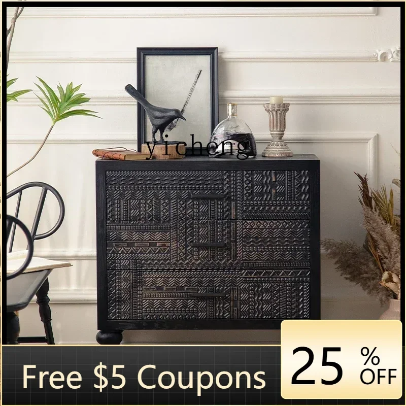

YFY American retro engraved chest cabinet, living room, bedroom, drawer, storage cabinet, antique storage bedside table