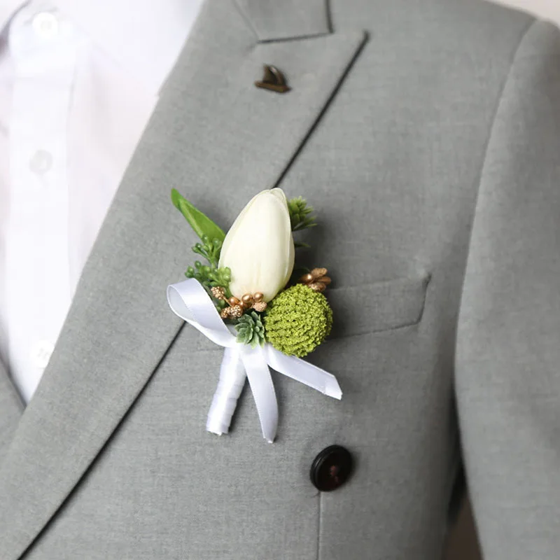 Wedding Boutonniere Wrist Corsage Bracelet Bridesmaid Men Corsage White Silk Roses Orchid Marriage Prom Wedding Supplies  ﻿