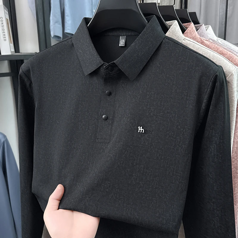 Frühling Herbst Herren Revers Polo-Oberteile Hochelastisches Knitterfreies Material Kleines Brustlogo-Design Slim Fit Herrenbekleidung – Detail 7