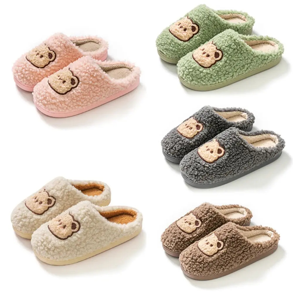 Cozy Cute Plush Bear Slippers Warm Thick Sole Male Female Slides Soft Bottom Non-Slip Home Shoes Indoor