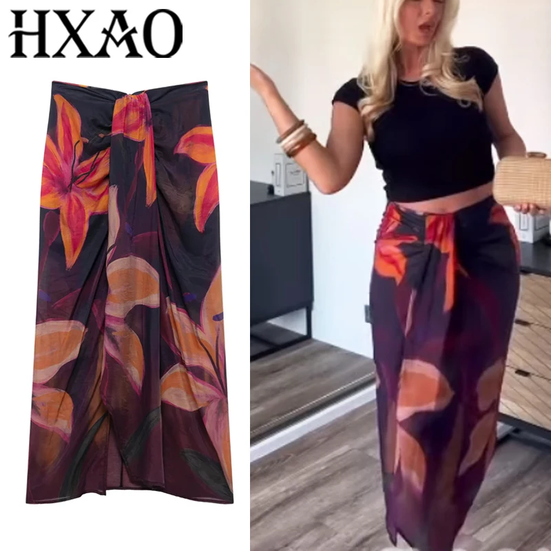 

HXAO Длинные юбки с цветочным принтом для женщин, летняя черная юбка-миди с принтом, пляжная юбка со складками в стиле бохо, элегантная юбка-карандаш с разрезом