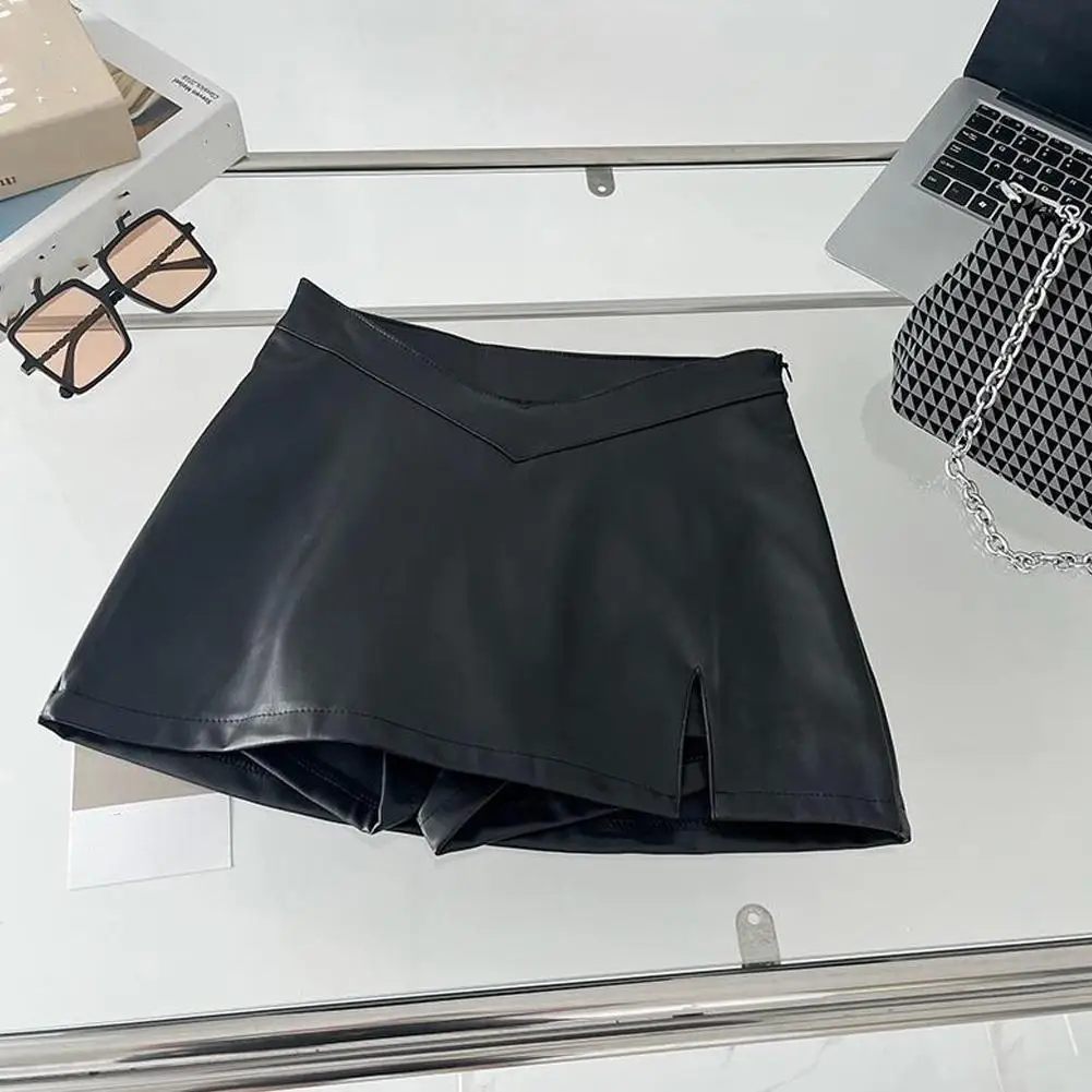 Mini jupe en cuir fendu noir à haute apparence pour femmes, jupes sexy taille haute, fente, streetwe Z8Z5, boîte de nuit, été, nouveau, 256