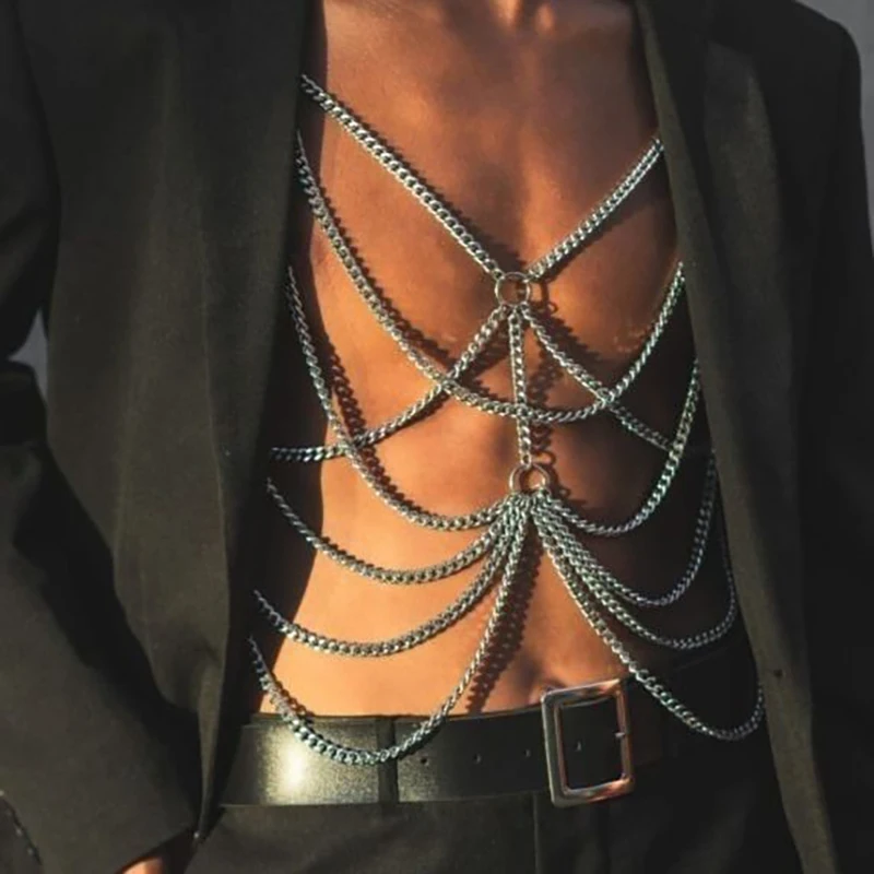 Men Heavy Metal Body Chains Multi Layered Sexy Necklace Chic Fashion Cosplay Party Show Accessories Chest Harness Belt Clubwear