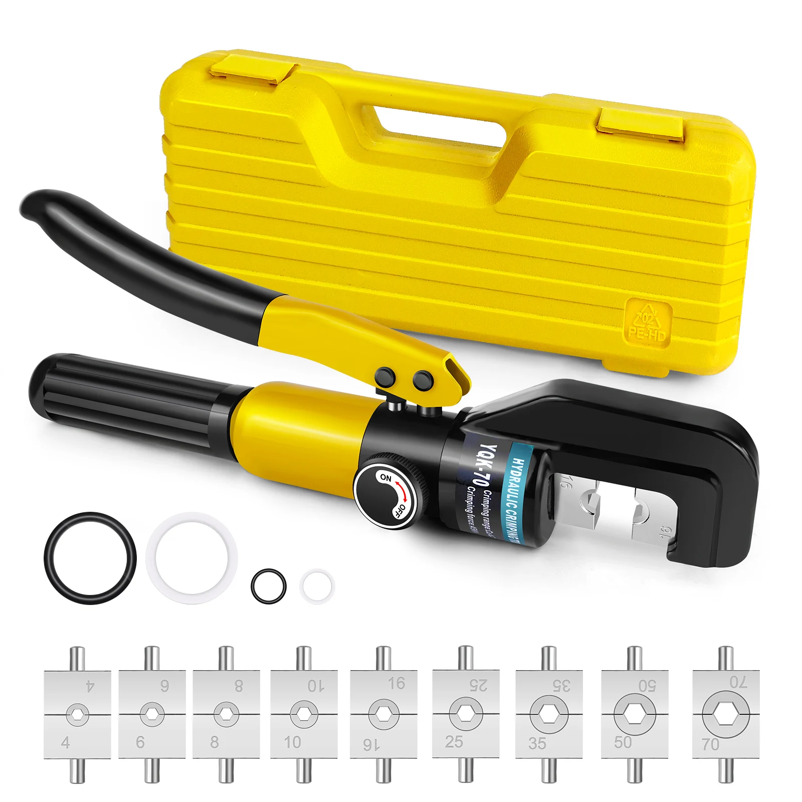 Zestaw hydraulicznego zaciskarki z tworzywa sztucznego, narzędzie do zaciskania kabli, zaciski do kabli akumulatorowych, 9 matryc, 100 kN, 4/6/8/10/16/25/35/50/70 mm²