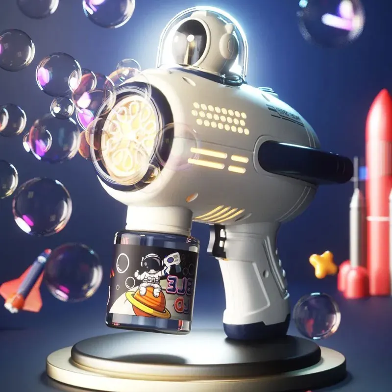 Bolle Pistola Macchina per bolle di sapone Lanciatore spaziale elettrico Regali per bambini Bolle completamente automatiche con zaino leggero Giocattolo per bambini