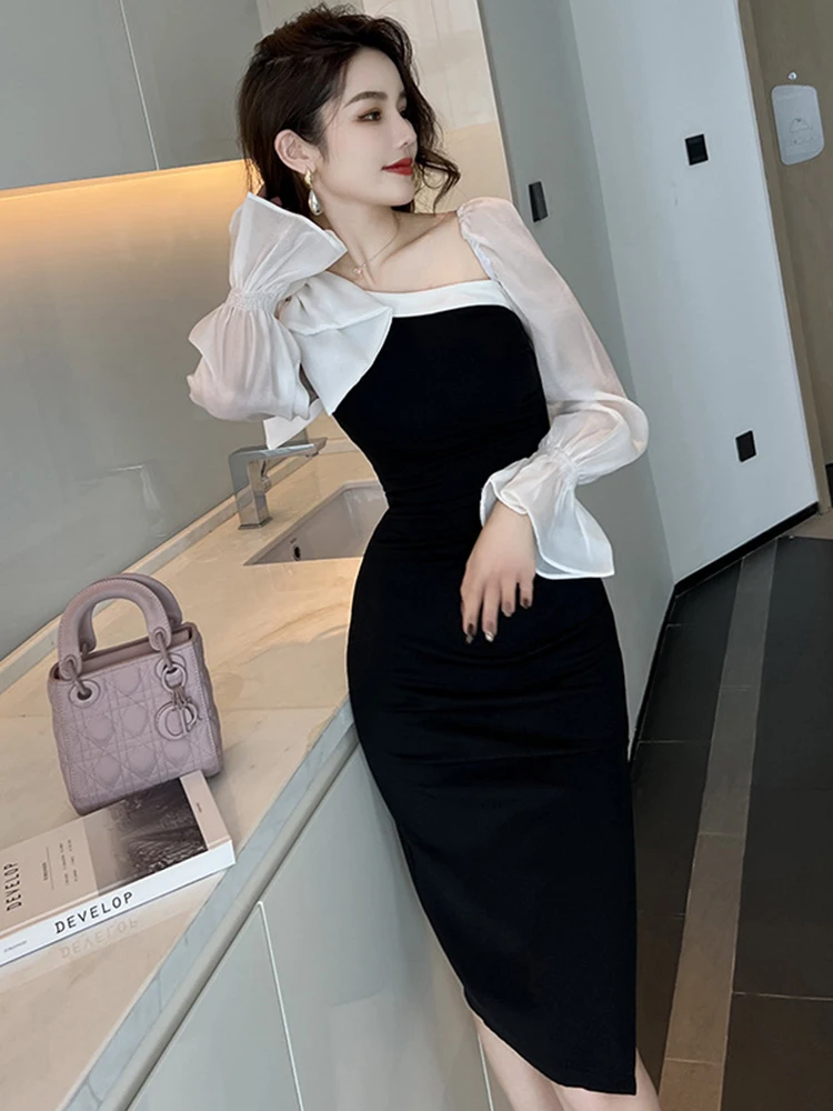 Primavera otoño moda Mujer vestido de noche elegante dulce Sexy cuello Diagonal ceñido al cuerpo por debajo de la rodilla fiesta de graduación bata Mujer Vestidos