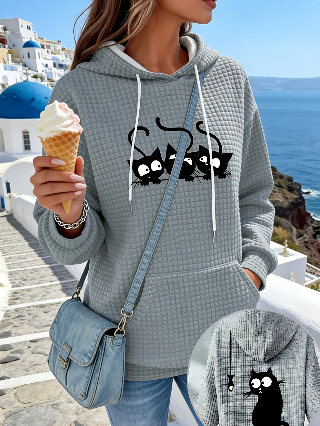 

Printed Design casual style Three Black Cats Peeking hoodie