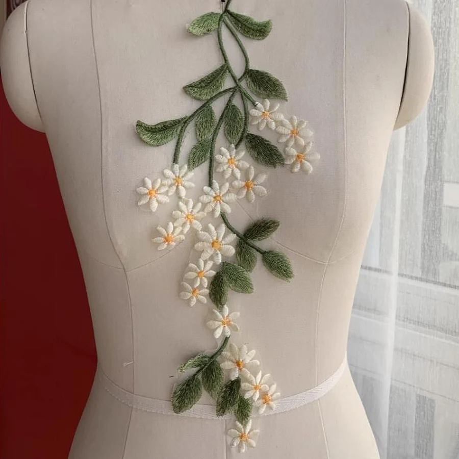 1Pairs Green Leaf Daisy Flower Patch Sewing Applique Crafts Repair Decoration 34*12CM