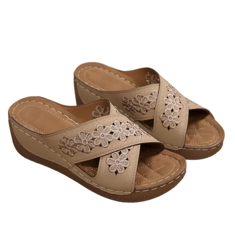

2026 Women's Wedge Slippers Thick Embroidered Roman Women's Shoes Summer Fashion Platform Outdoor Beach Slippers Flip Flops Hot
