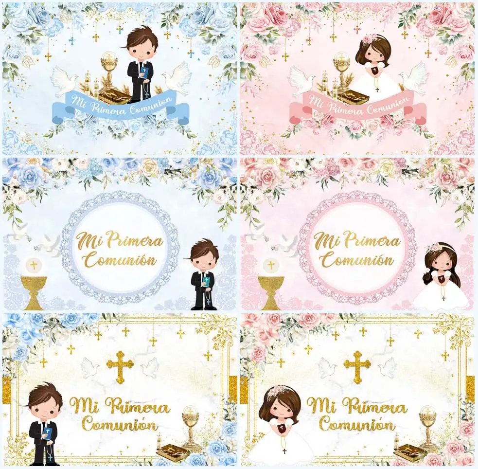 

Avezano My First Communion Backdrop Boy Girl Birthday God Bless Baptism Gold Cross Grail Background Photography Photo Studio