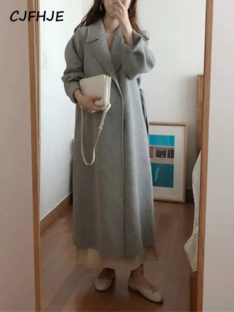 CJFHJE Beige Long Sleeve Coats Women New Fashion Vintage Solid Color Turn Down Collar Winter Blends Casual Loose Long Wool Coat