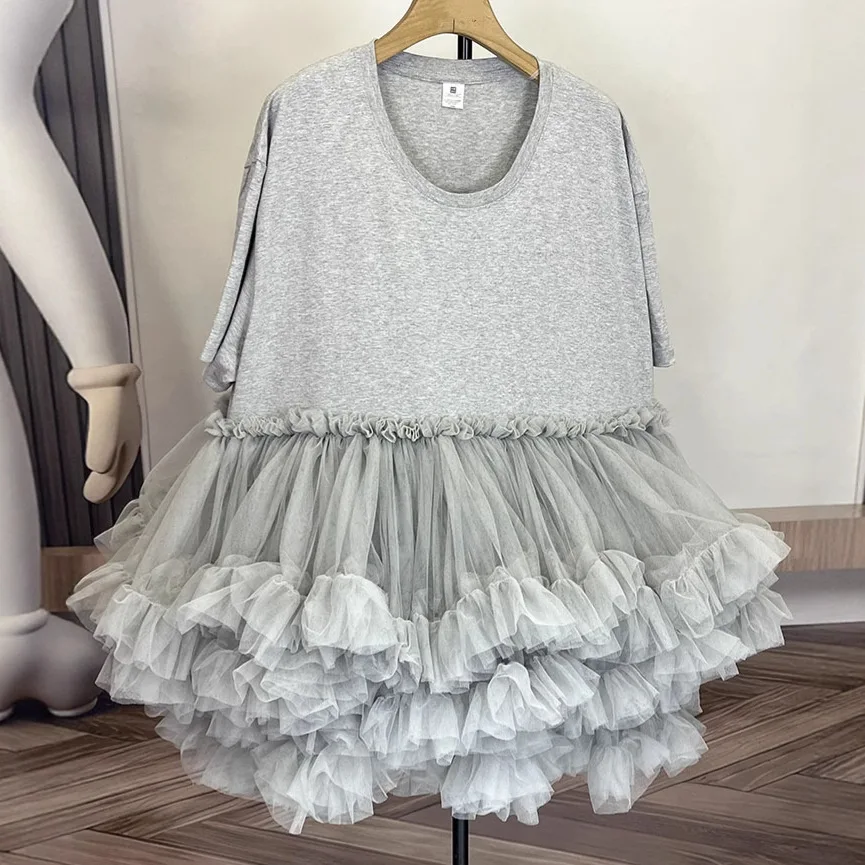 Pongrok mesh splitsen T-shirt met korte mouwen rok los ontwerp gevoel jurk dames zomer nieuw product