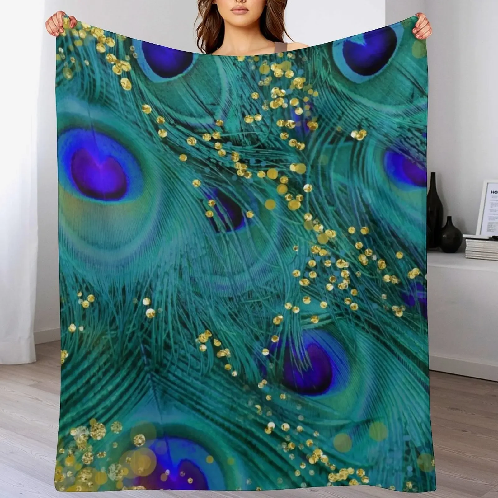 

Dreamy peacock feathers, teal and purple, glimmering gold Throw Blanket Warm Throw Blanket Gift for Anniversary