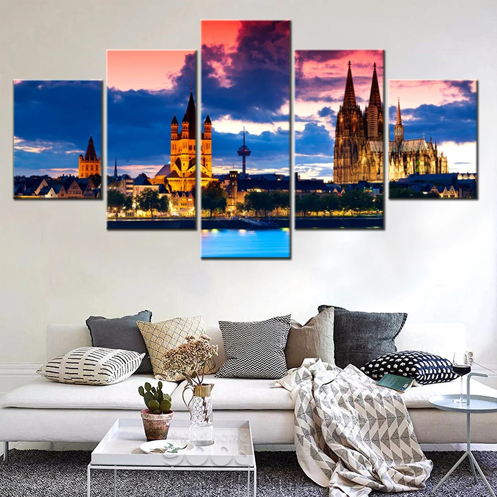 

5 Pieces Canvas Wall Arts Landscape Poster Painting Night Cologne Cathedral Germany Wallpaper Living Room Picture Print Artwork