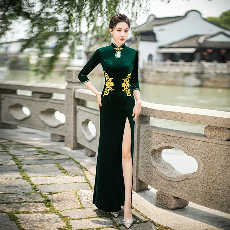 Traditionele Chinese Lange Qipao Elegante Klassieke Mandarijn Kraag Met Halve Mouw Cheongsam Sexy Zeemeermin Split Avondfeest Jurk 5xl