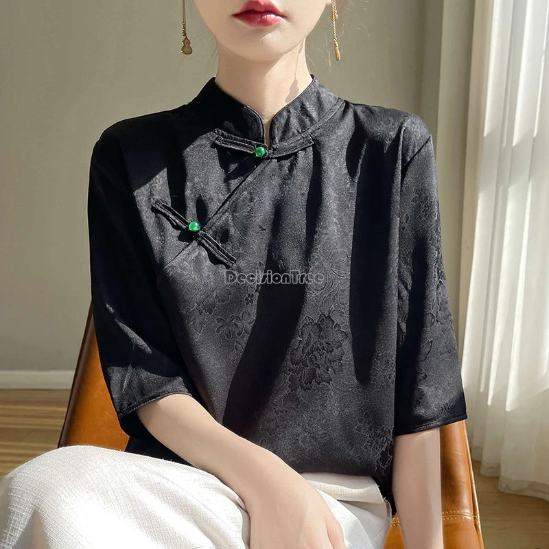 2024 new retro chinese style temperament qipao top elegant daily printing improved hanfu top stand collar diagonal buckle blouse