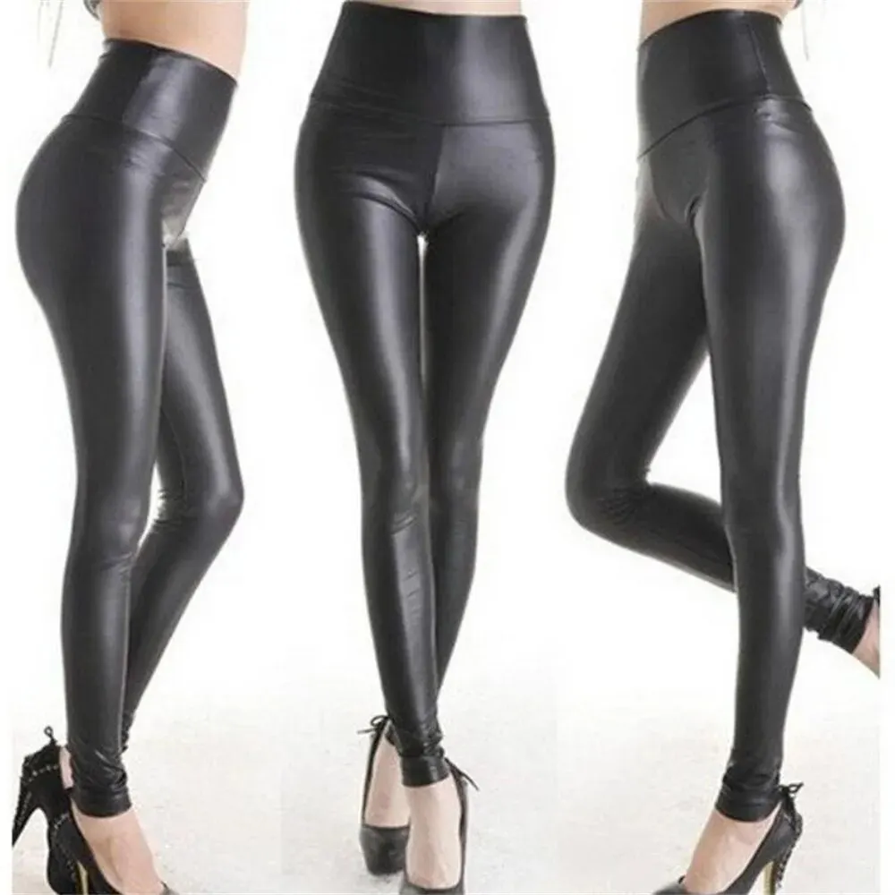 Leather High Waist Stretch Breathable Slim Slimming Leather Feet Pants Nine-point Leather Pants WOMEN\'S Leggings Black