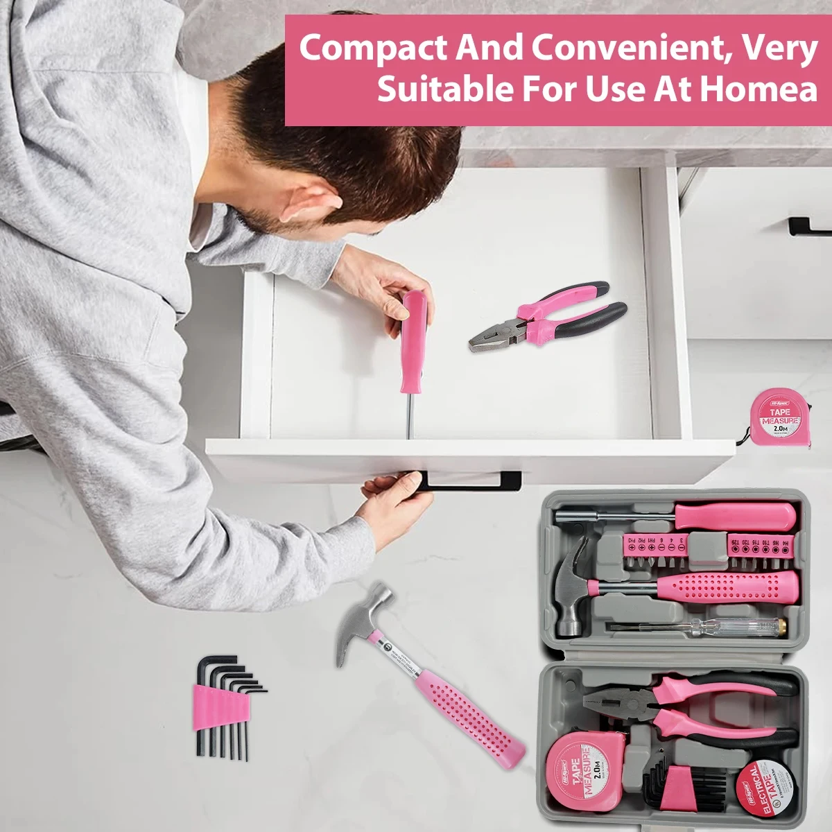 13/24Pcs Household Repair Tool Kit Multi-Purpose Pink Hand Tool Set with Storage Case Durable Hammer and Allen Key Set