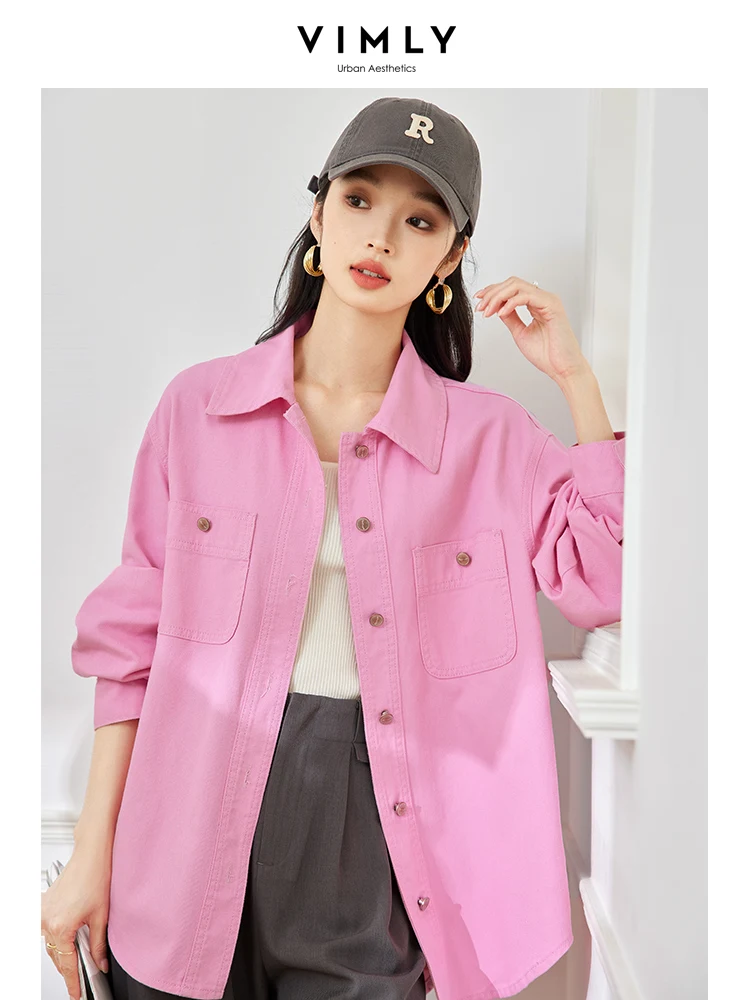 VIMLY New In Autumn Fashion Loose Commute Style Pink Denim Jacket Women's Streetwear Casual Pink Denim Coat Lady Outerwear