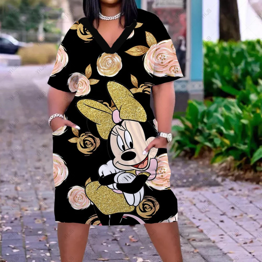 Mickey Midi Dress abito manica lunga Casual Disney Cartoon Print Beach abiti larghi Kawaii prendisole autunno Minnie abbigliamento donna